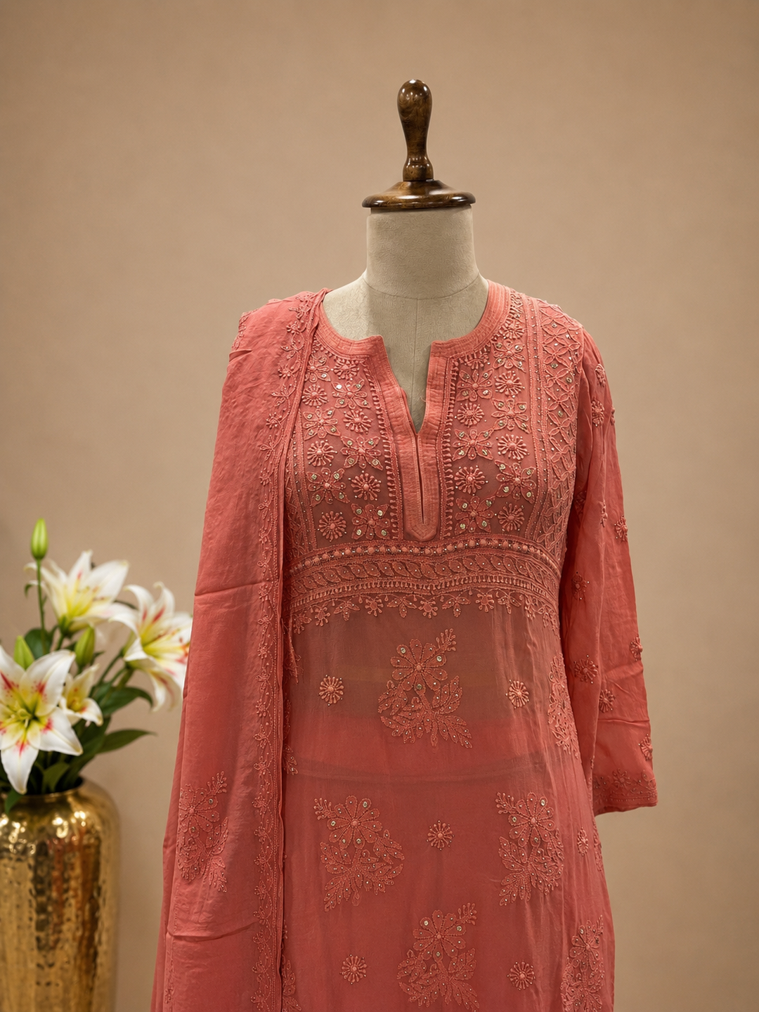 Dusty Rose Georgette Lucknowi Embroidered Unstitched Suit
