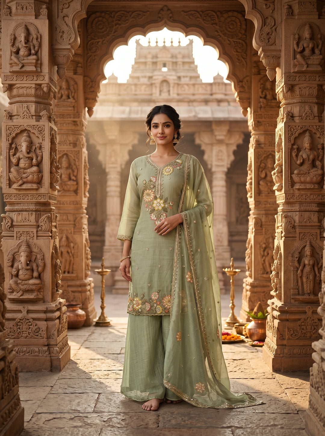 Sage Green Floral Embroidered Sharara Suit Set
