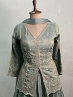 Load image into Gallery viewer, Sage Mist Designer Indo-Western Lehenga Set
