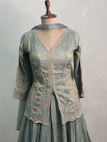 Load image into Gallery viewer, Sage Mist Designer Indo-Western Lehenga Set

