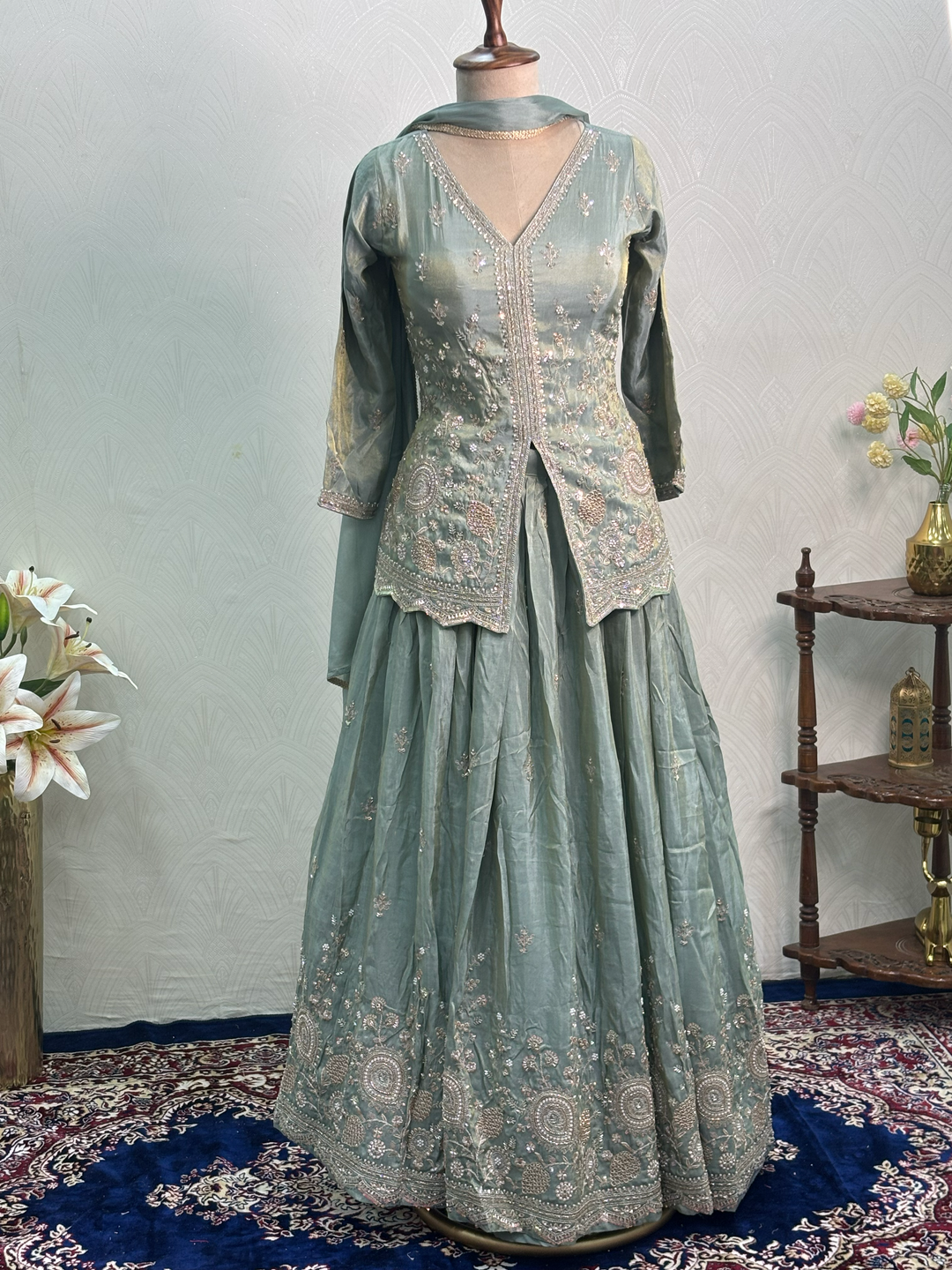 Sage Mist Designer Indo-Western Lehenga Set