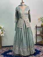 Load image into Gallery viewer, Sage Mist Designer Indo-Western Lehenga Set
