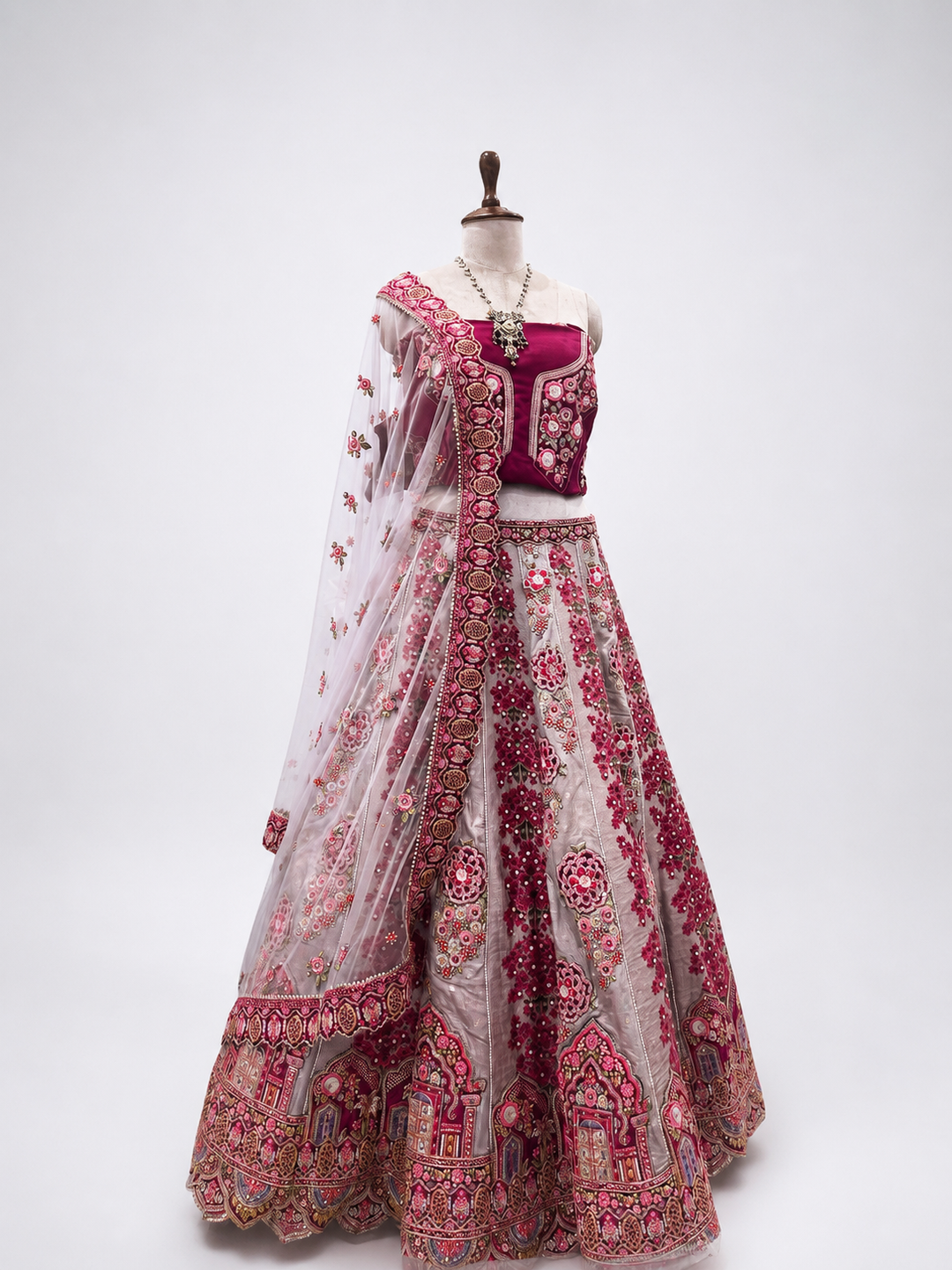 Rani Pink & Silver Embroidered Lehenga (Unstitched)