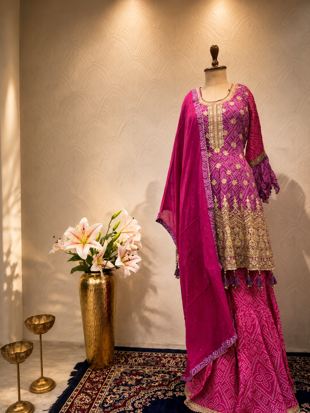 Rani Pink Bandhani Embroidered Indo-Western Sharara Suit