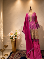 Load image into Gallery viewer, Rani Pink Bandhani Embroidered Indo-Western Sharara Suit
