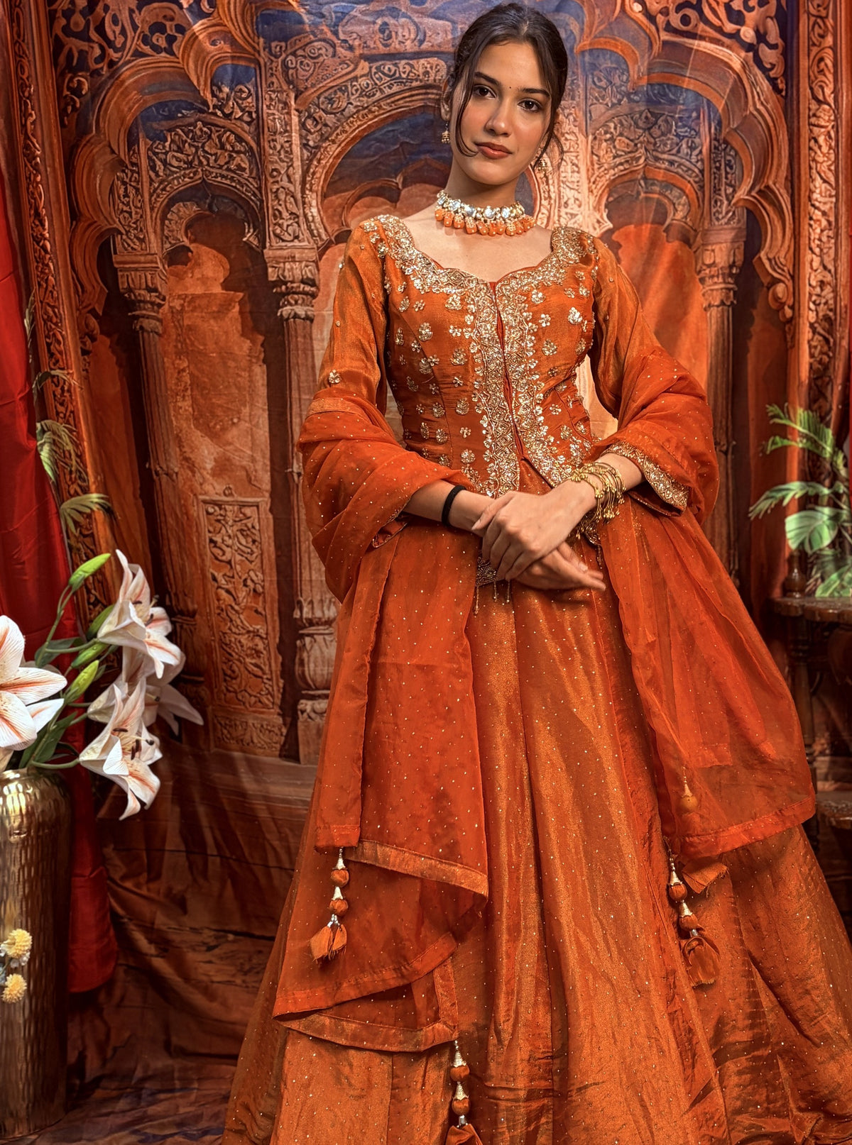 Amber rust ro silk designer indo western lehenga set