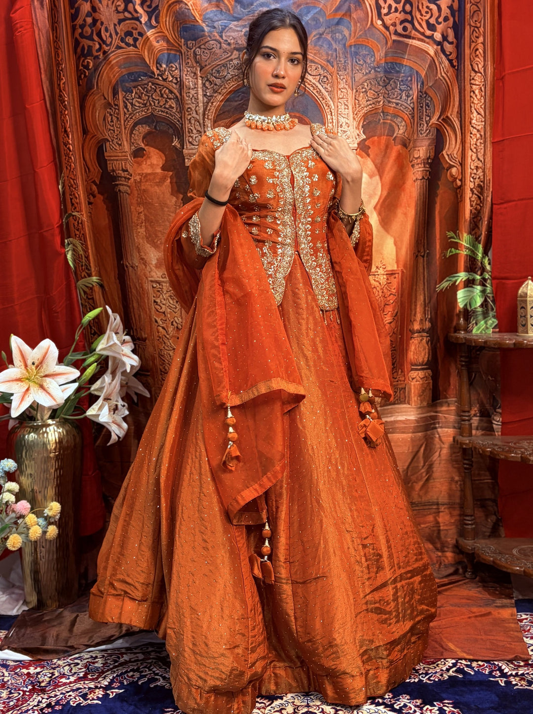 Amber Rust Ro Silk Designer Indo-Western Lehenga Set