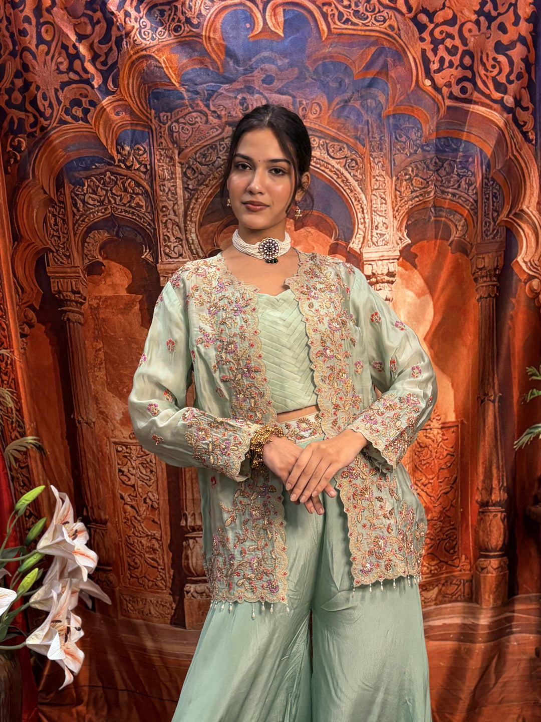 Celeste Mint Designer Crepe Indo-Western Co-Ord Set