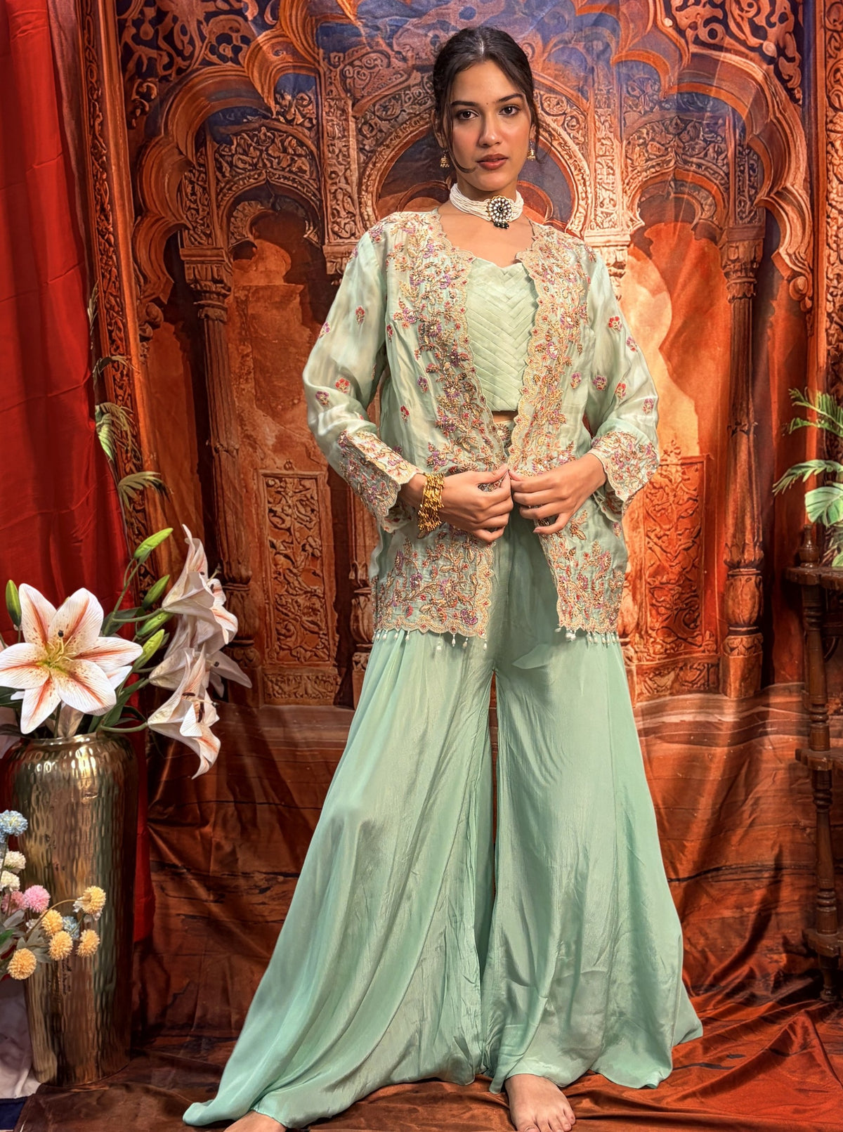 Celeste mint designer crepe indo western co ord set