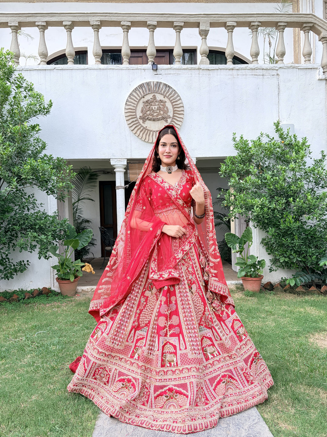 Crimson Red Pure Silk Jamdani Work Unstitched Lehenga