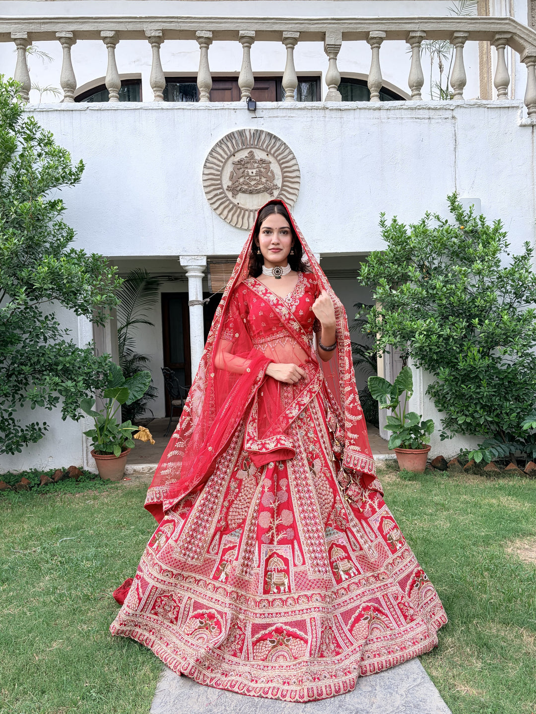Crimson Red Pure Silk Jamdani Work Unstitched Lehenga