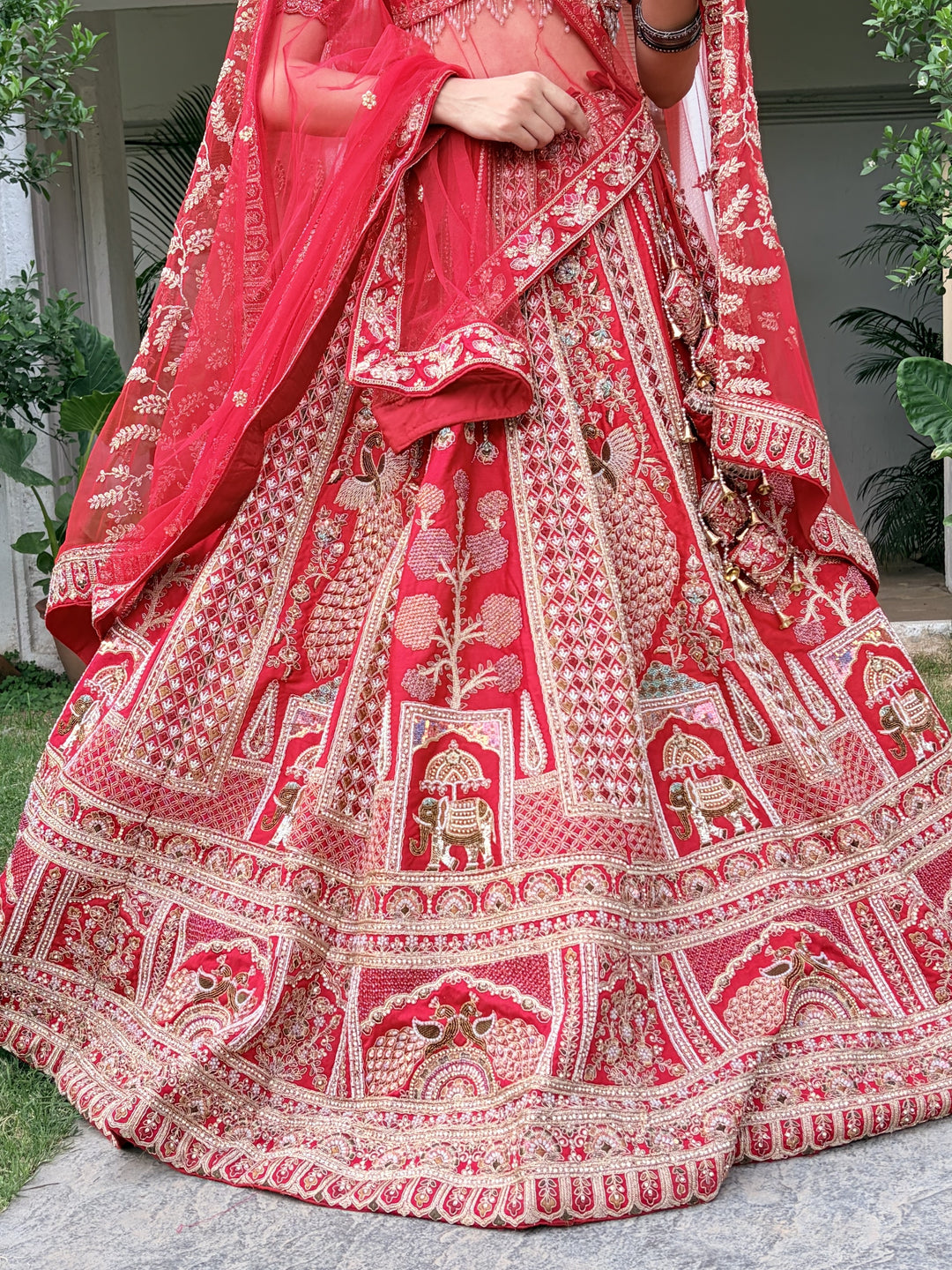 Crimson Red Pure Silk Jamdani Work Unstitched Lehenga