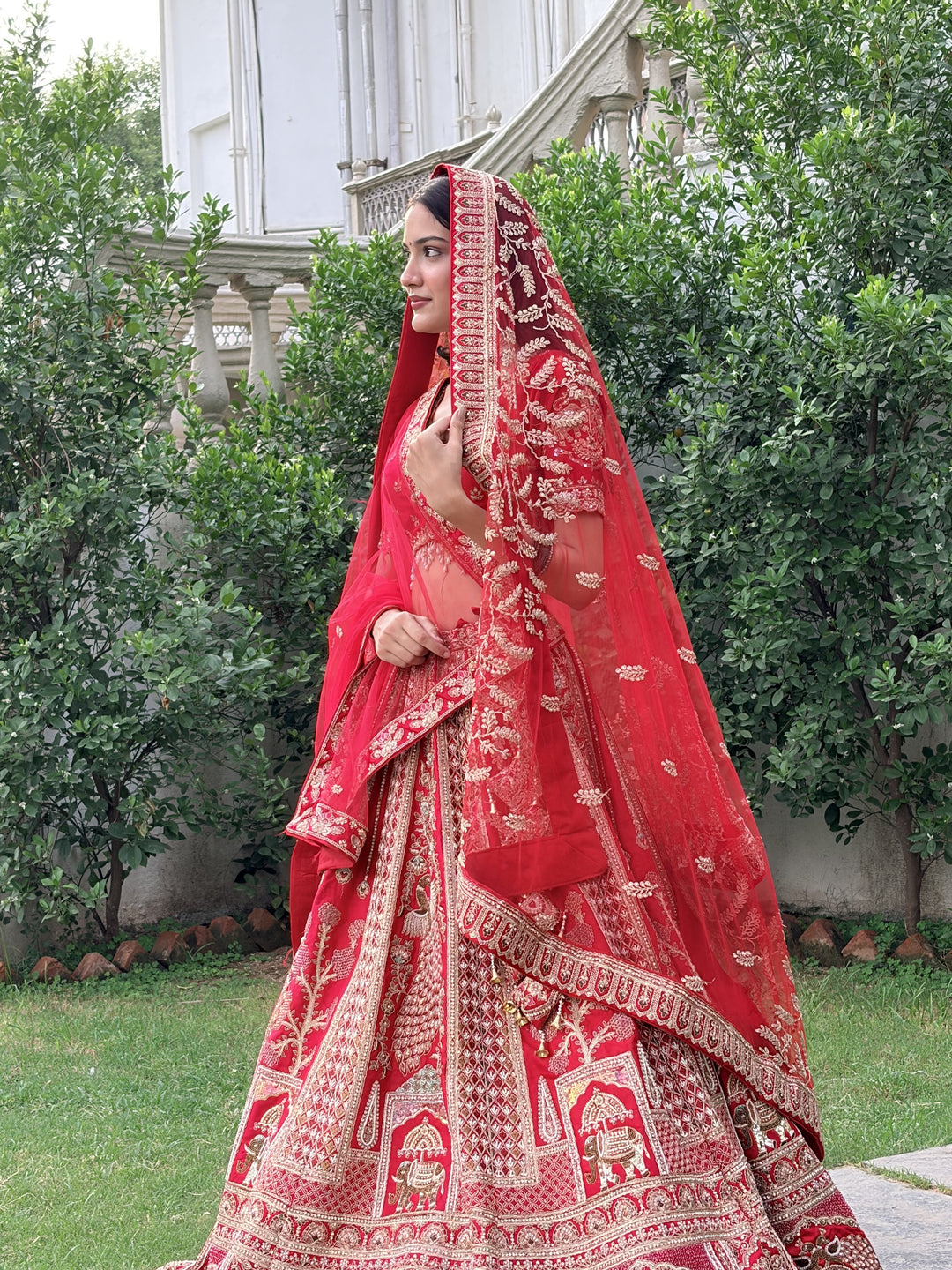 Crimson Red Pure Silk Jamdani Work Unstitched Lehenga