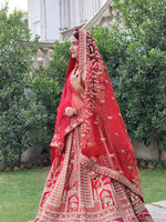 Load image into Gallery viewer, Crimson Red Pure Silk Jamdani Work Unstitched Lehenga
