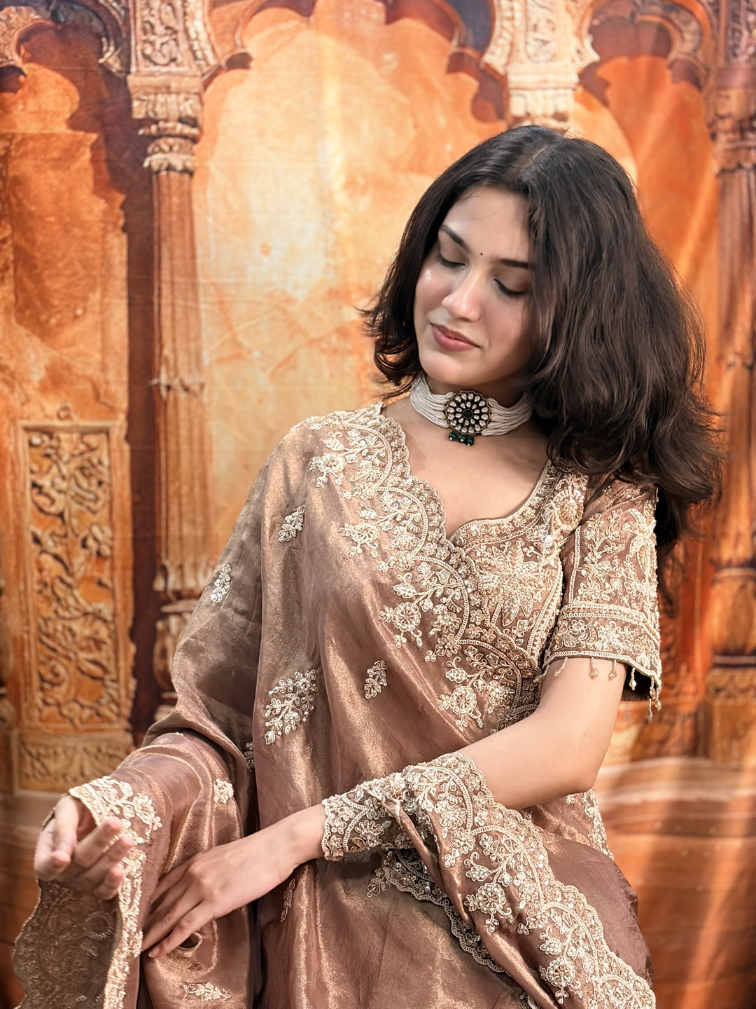 Meher Bronze Tissue Silk Embroidered Lehenga Set