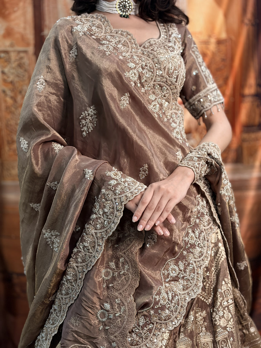Meher Bronze Tissue Silk Embroidered Lehenga Set