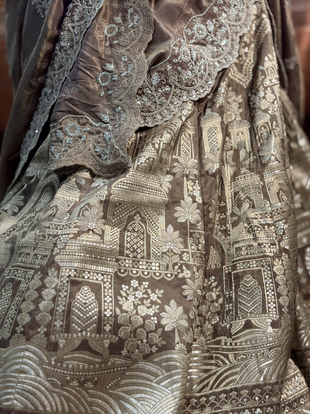 Meher Bronze Tissue Silk Embroidered Lehenga Set