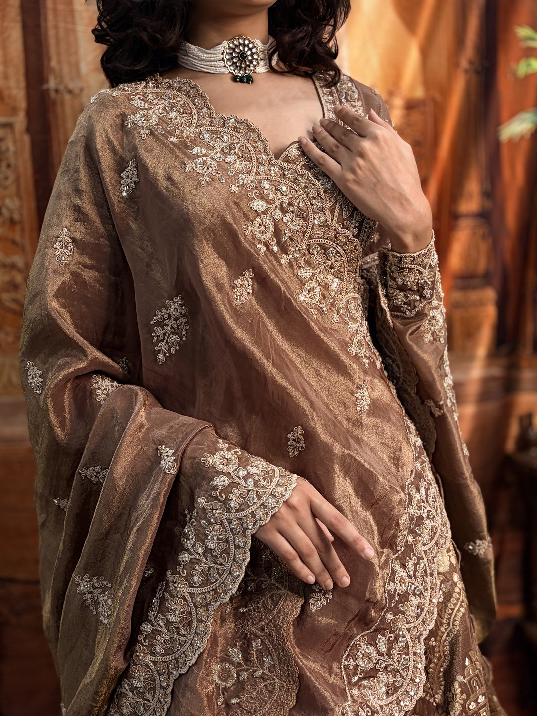 Meher Bronze Tissue Silk Embroidered Lehenga Set