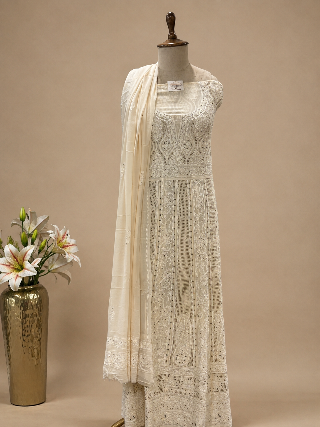 Ivory Pure Georgette Lucknowi Pattern Unstitched Suit