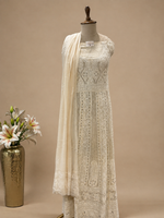 Load image into Gallery viewer, Ivory Pure Georgette Lucknowi Pattern Unstitched Suit
