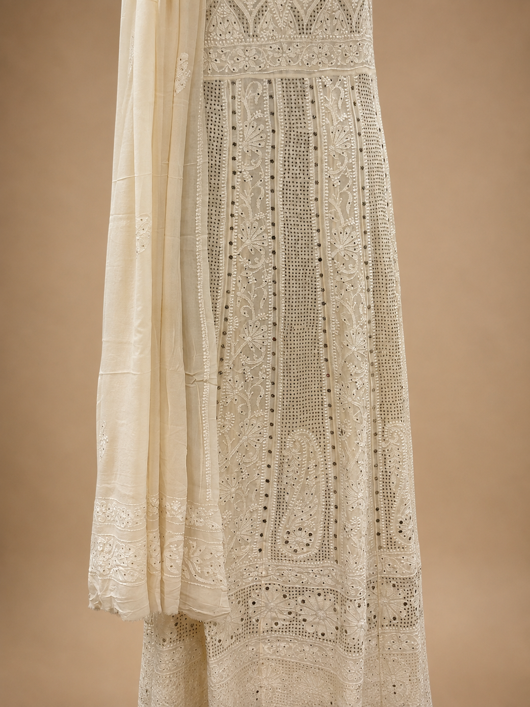Ivory Pure Georgette Lucknowi Pattern Unstitched Suit