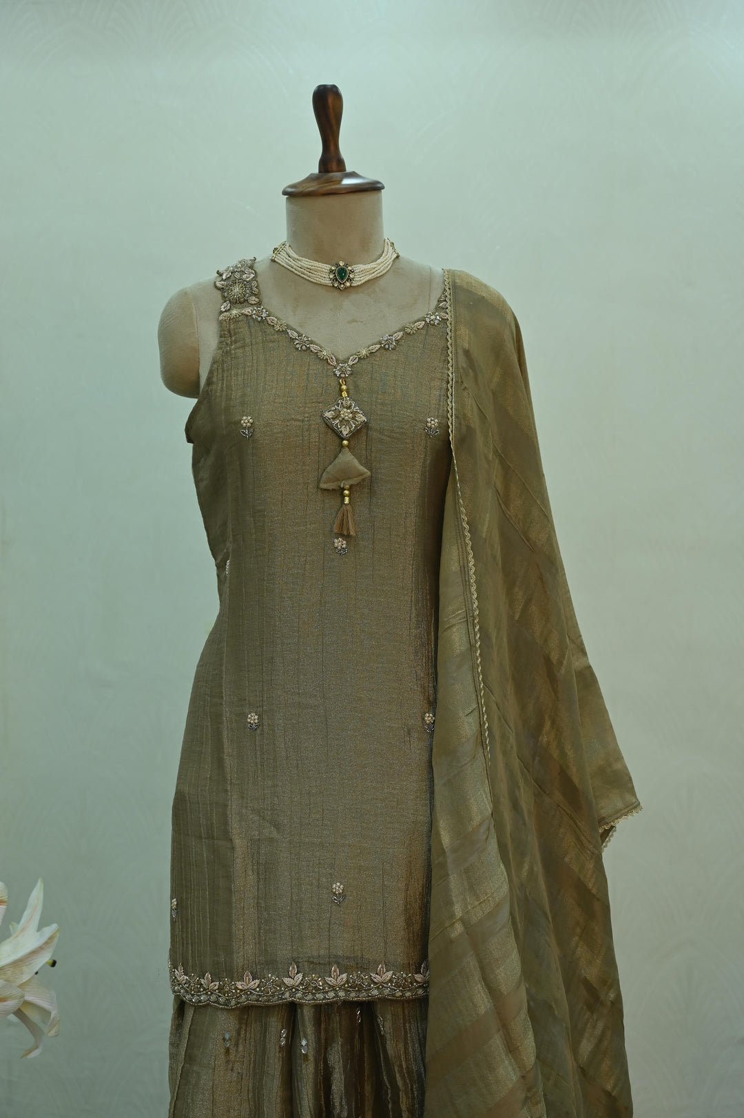 Olive Gold Designer Sharara Suit Set