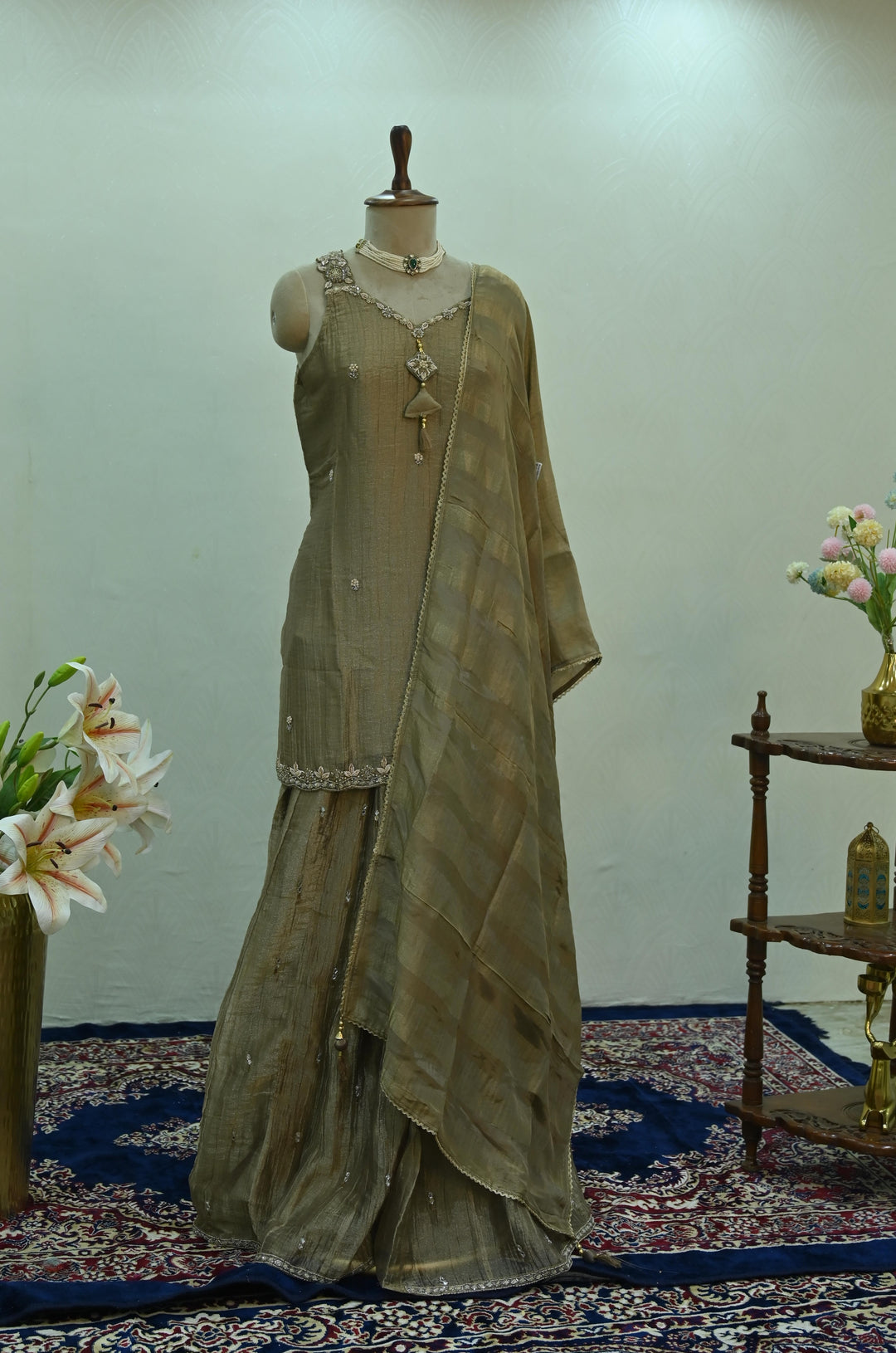 Olive Gold Designer Sharara Suit Set