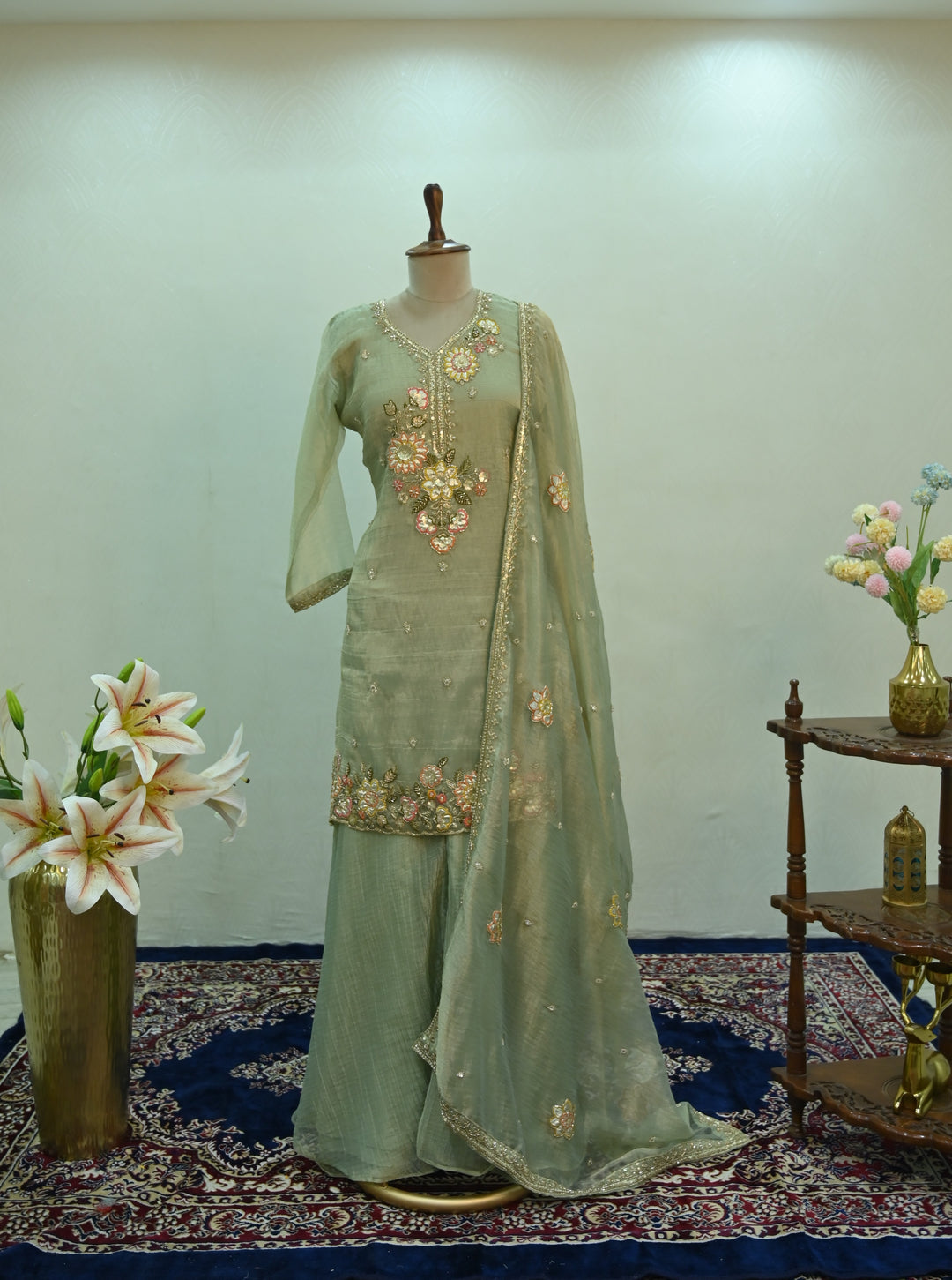 Sage Green Floral Embroidered Sharara Suit Set