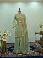 Load image into Gallery viewer, Sage Green Floral Embroidered Sharara Suit Set
