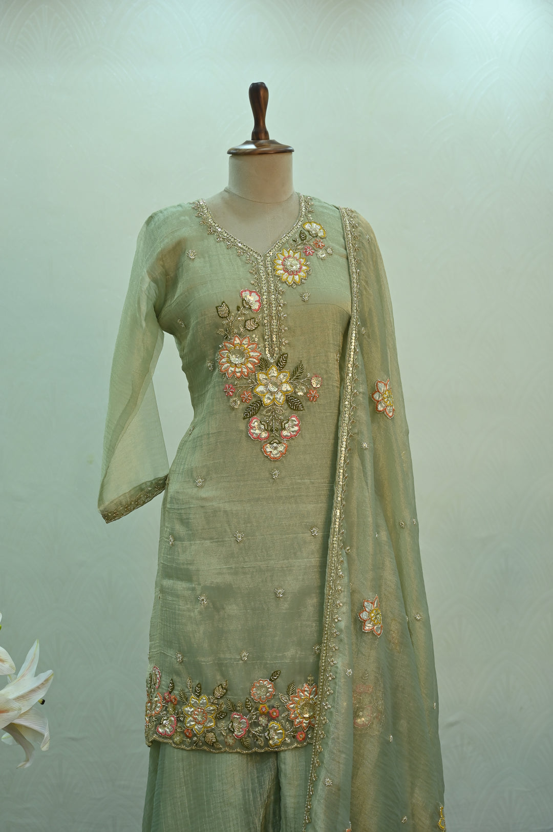 Sage Green Floral Embroidered Sharara Suit Set