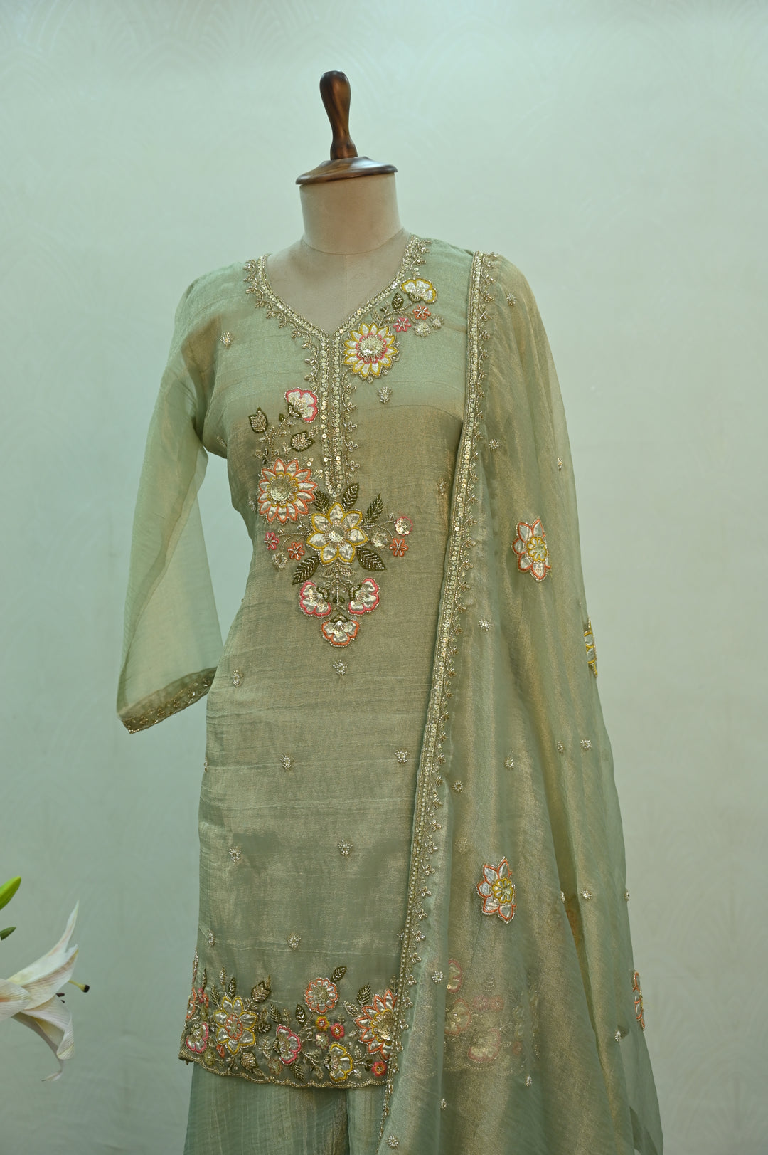 Sage Green Floral Embroidered Sharara Suit Set