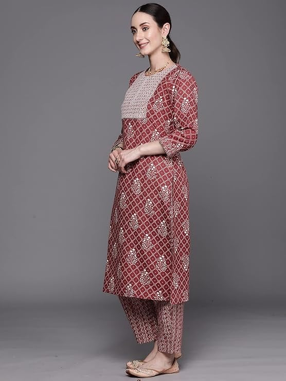 Women's Cotton Floral Embroidery Straight Kurta and Pant with Dupatta Set