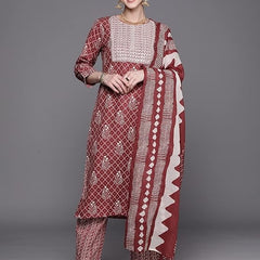 Women's Cotton Floral Embroidery Straight Kurta and Pant with Dupatta Set