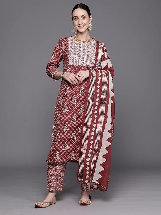 Women's Cotton Floral Embroidery Straight Kurta and Pant with Dupatta Set
