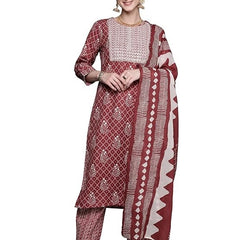 Women's Cotton Floral Embroidery Straight Kurta and Pant with Dupatta Set