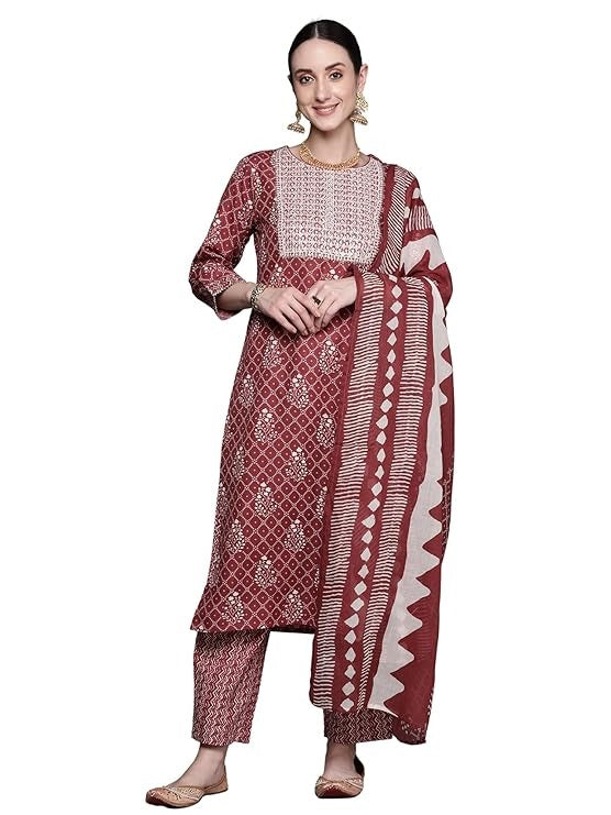 Women's Cotton Floral Embroidery Straight Kurta and Pant with Dupatta Set