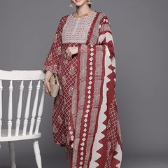 Women's Cotton Floral Embroidery Straight Kurta and Pant with Dupatta Set