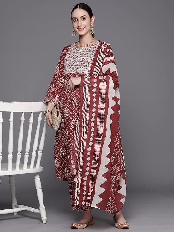 Women's Cotton Floral Embroidery Straight Kurta and Pant with Dupatta Set