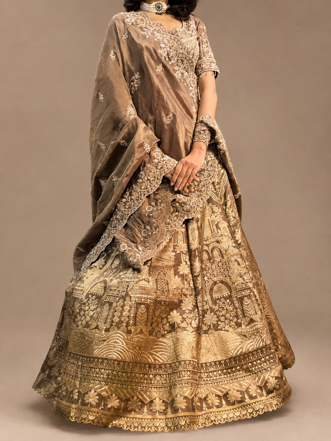 Meher Bronze Tissue Silk Embroidered Lehenga Set