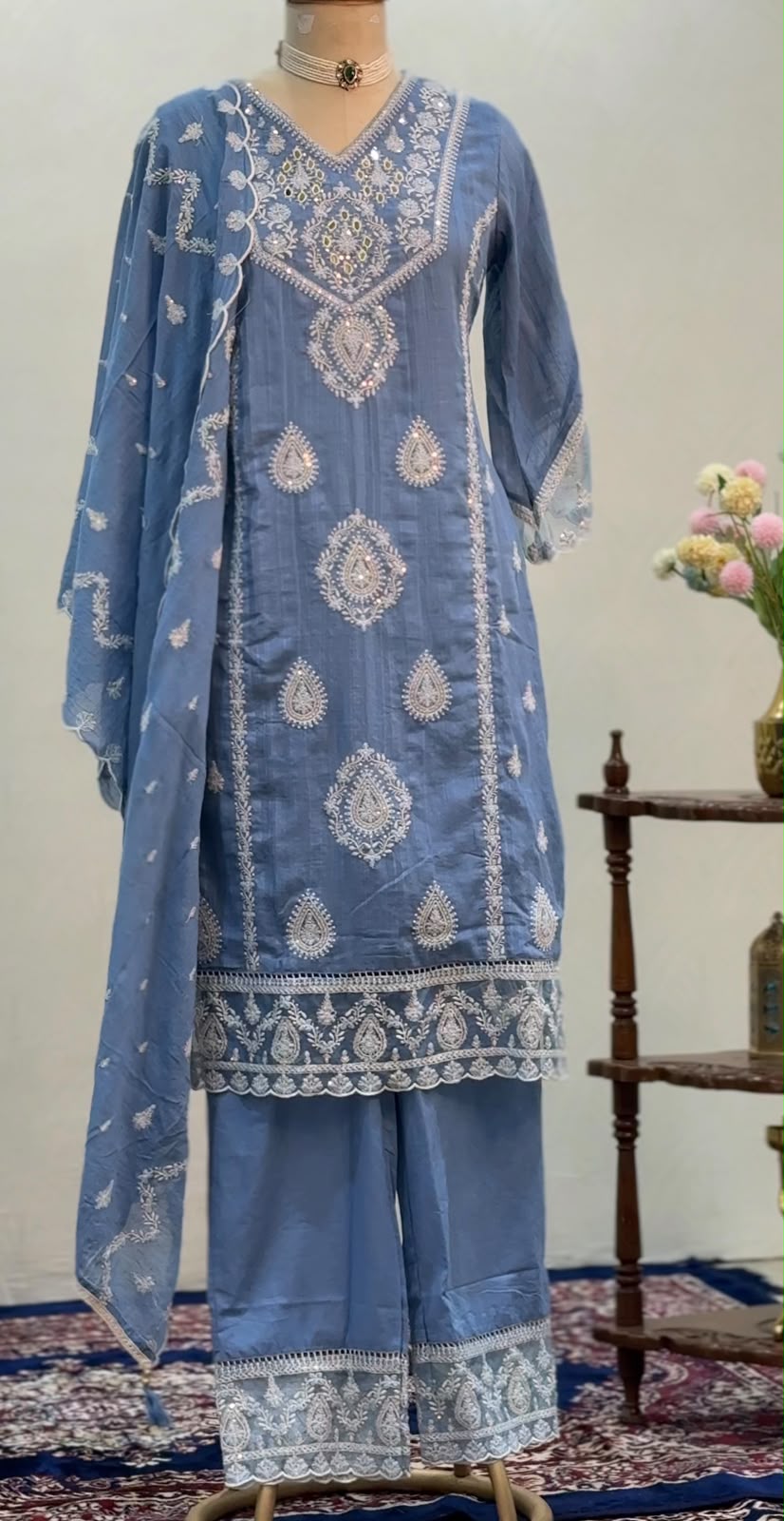 Sky Blue Chikankari Palazzo Suit Set