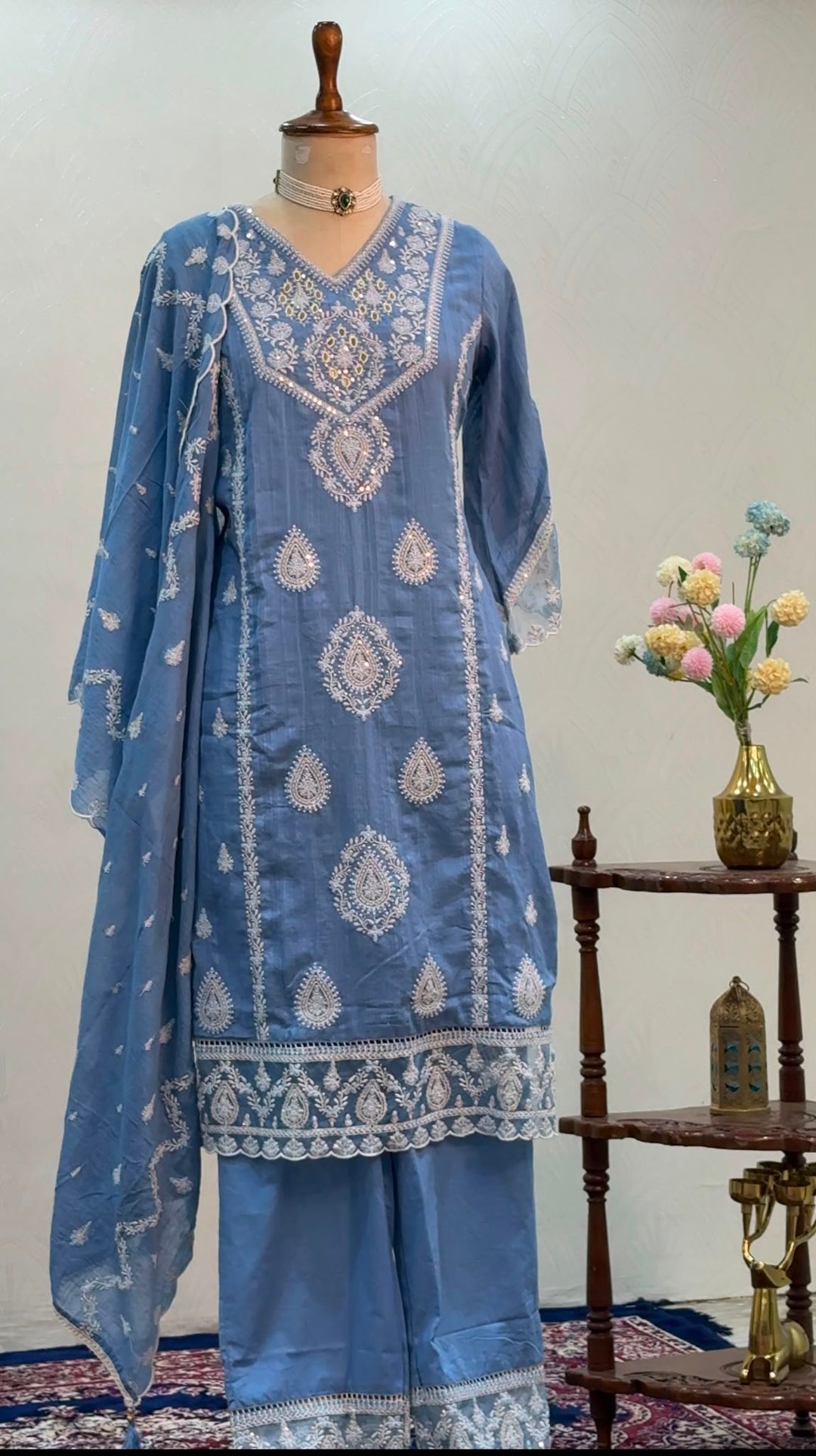 Sky Blue Chikankari Palazzo Suit Set