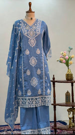 Load image into Gallery viewer, Sky Blue Chikankari Palazzo Suit Set
