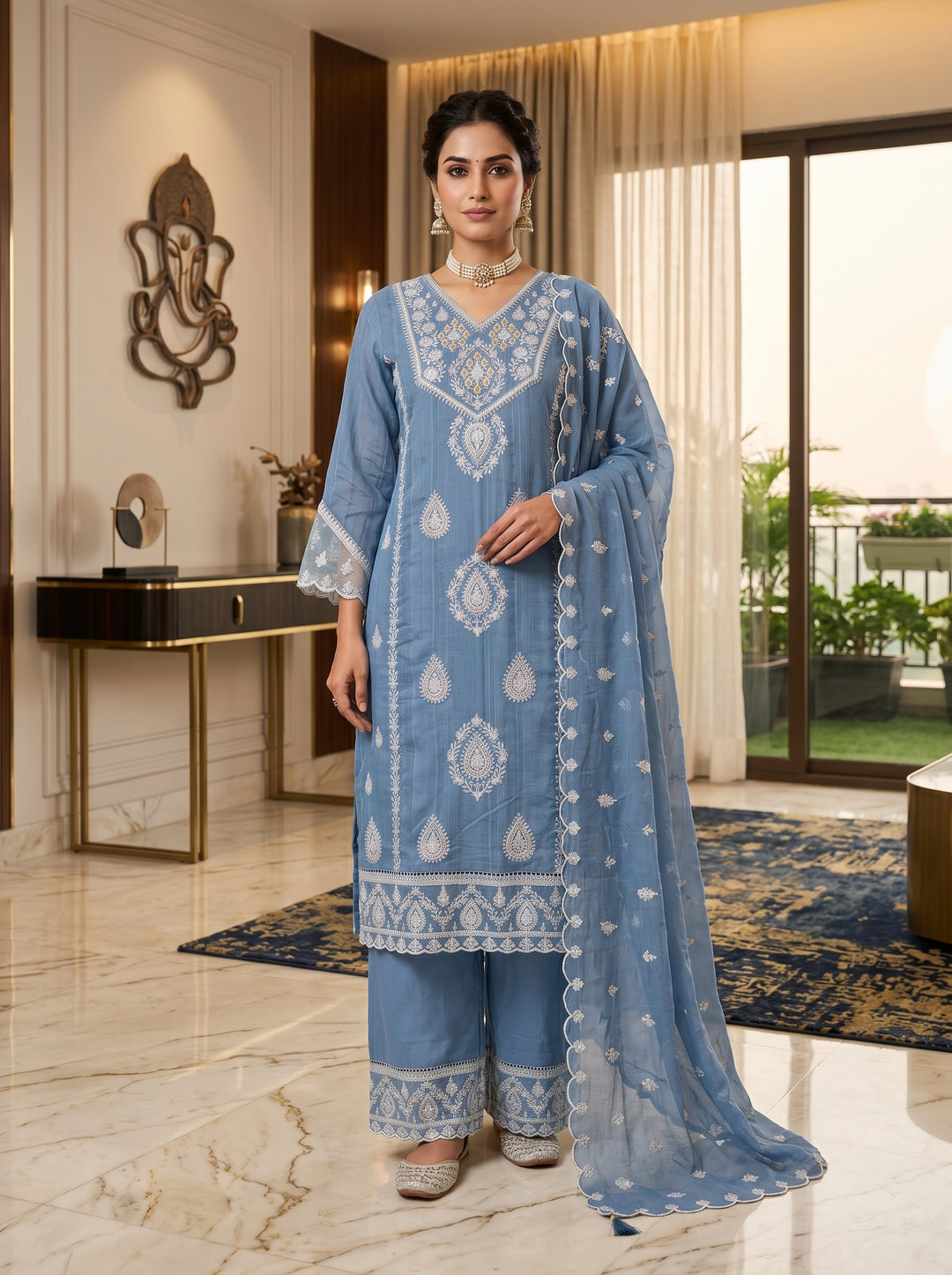 Sky Blue Chikankari Palazzo Suit Set