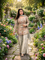 Load image into Gallery viewer, Pearl Bloom Embroidered Palazzo Silk Suit

