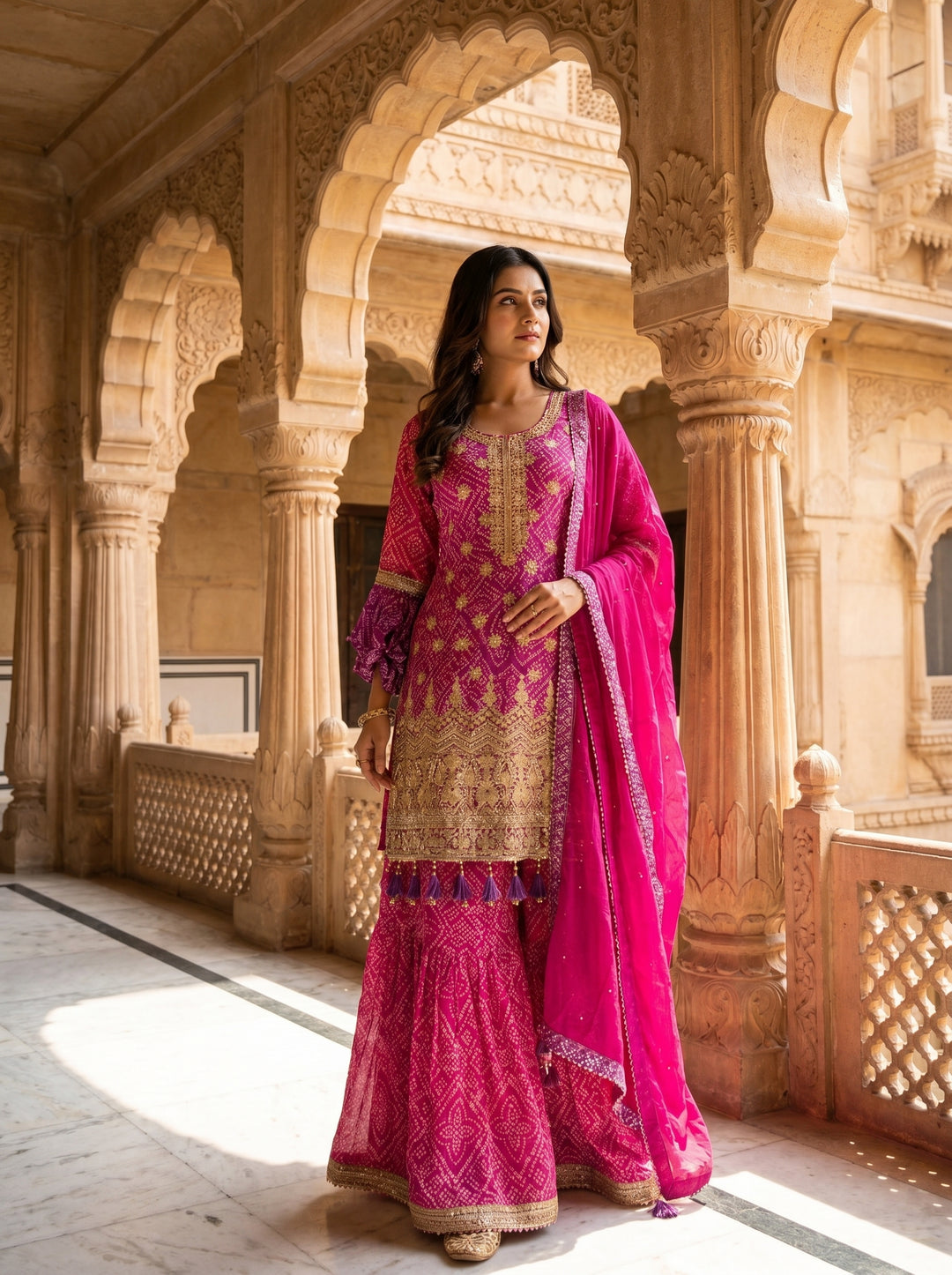 Rani Pink Bandhani Embroidered Indo-Western Sharara Suit