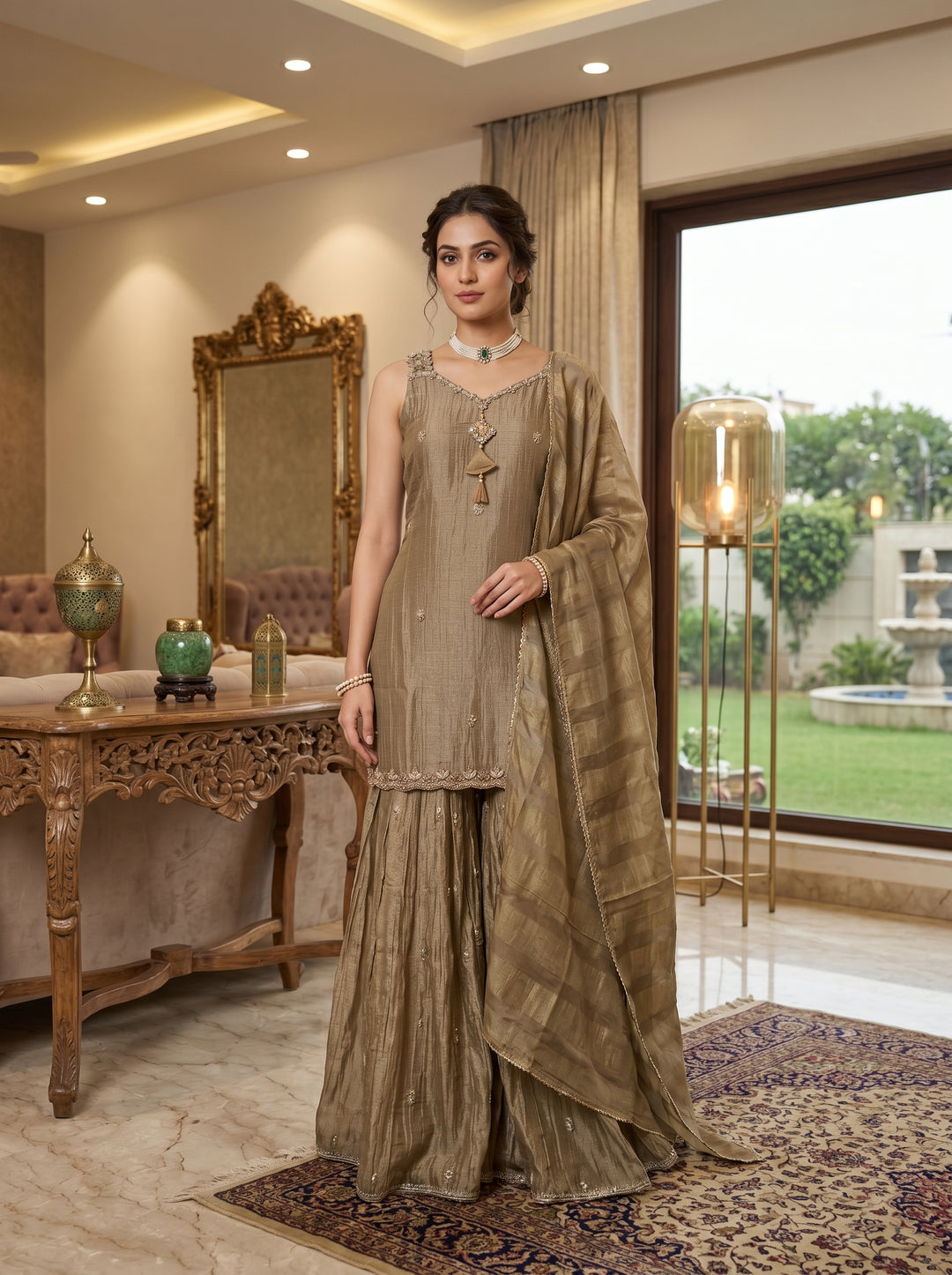 Olive Gold Designer Sharara Suit Set