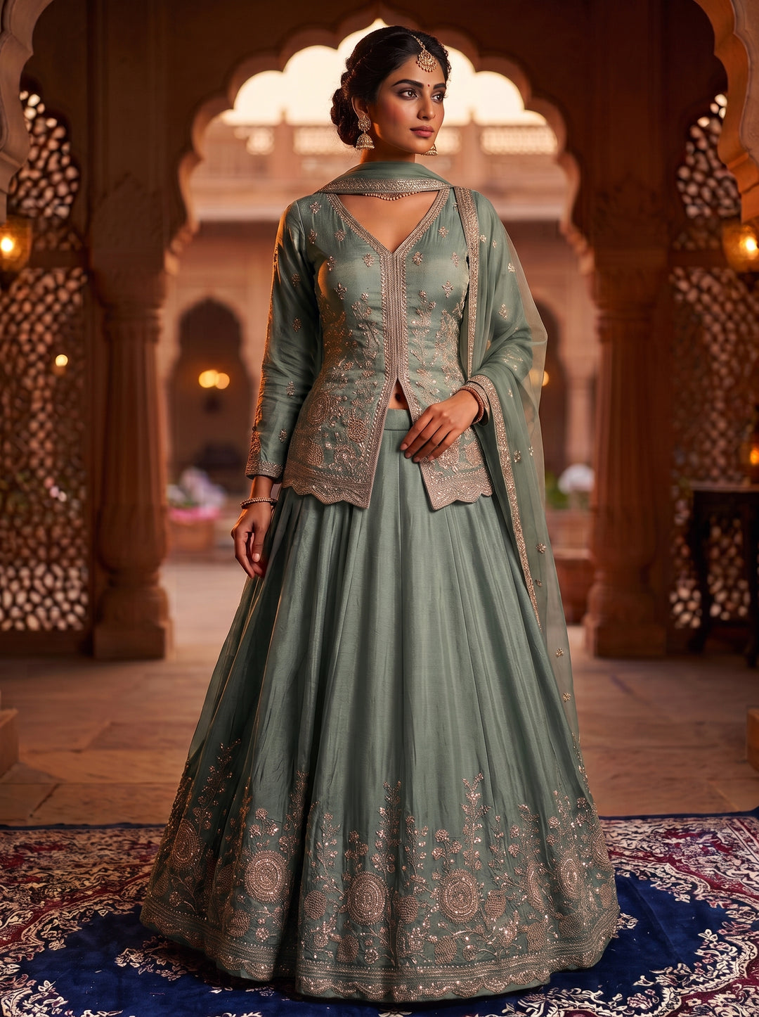 Sage Mist Designer Indo-Western Lehenga Set