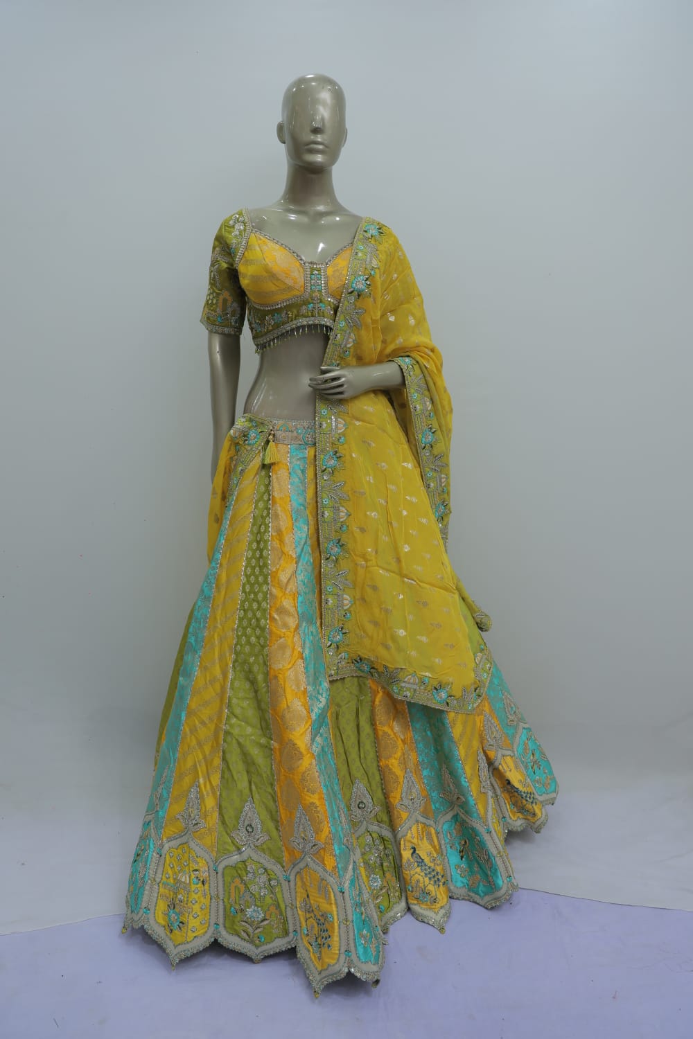 Yellow green crop top dress with gota patti work