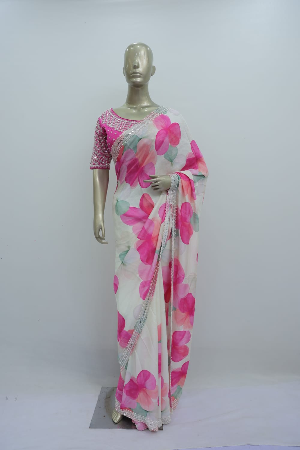 Cream pink silk saree with moti beads work