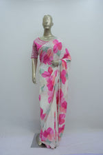Load image into Gallery viewer, Cream pink silk saree with moti beads work
